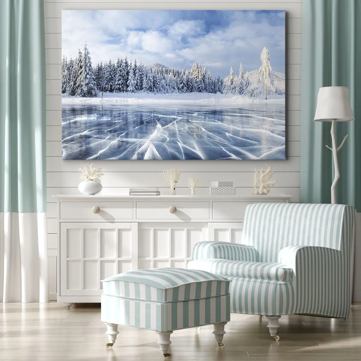Canvas picture - A frozen lake surrounded by a snow-covered forest - 70x50cm - Dazling and Crystalline View - Modern wall decoration for the living room and bedroom ARTTOR