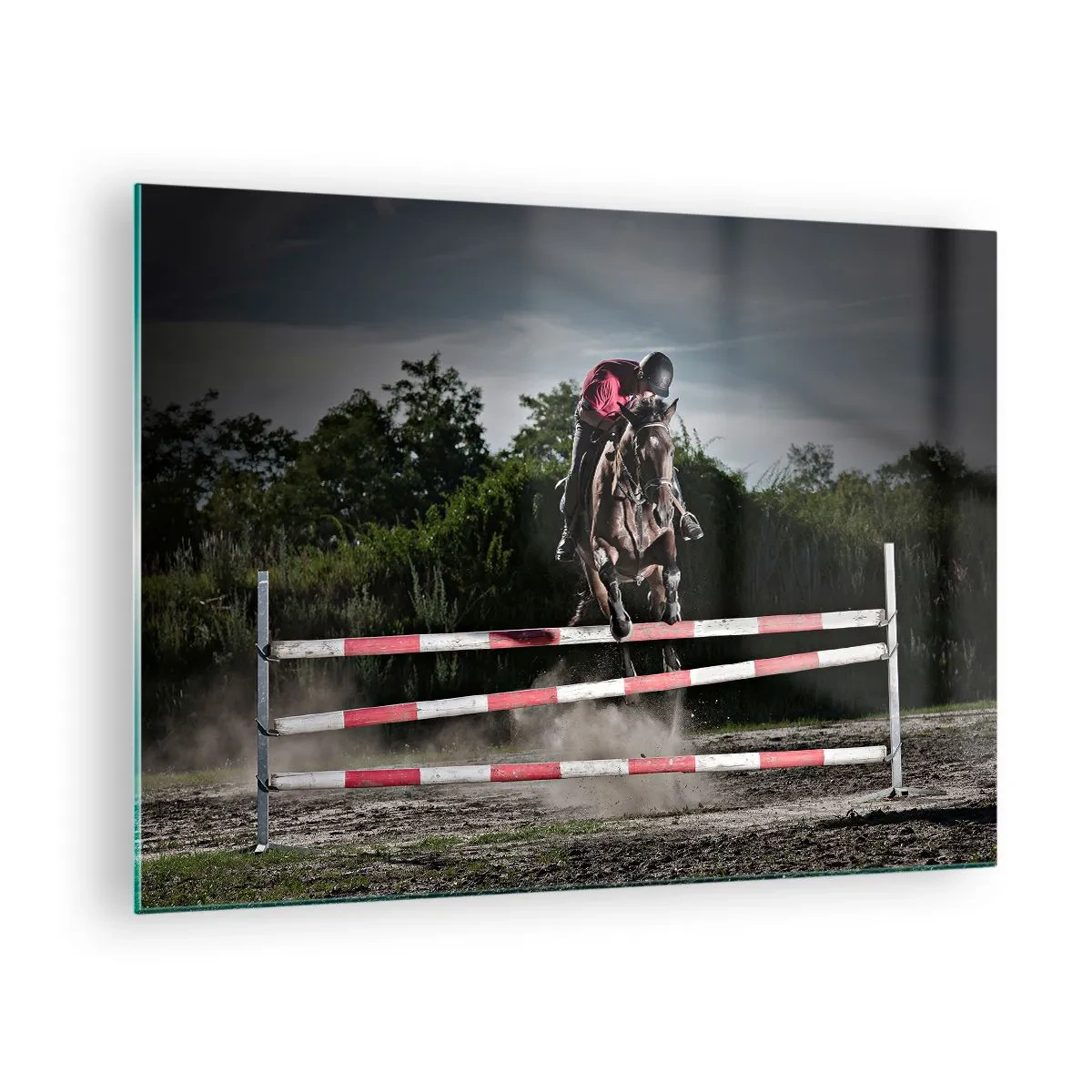 Glass picture - A rider on a horse jumps over an obstacle against the backdrop of nature - 70x50cm - Together for Victory - Modern wall decoration for the living room and bedroom ARTTOR