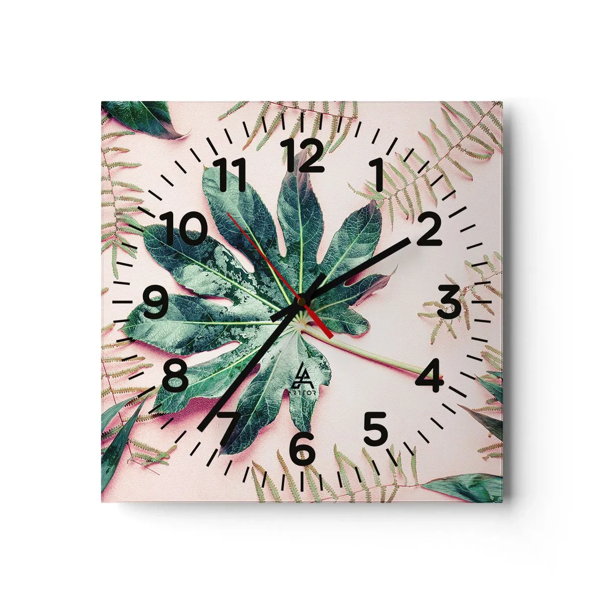 Wall clock - Clock on glass - Study in Green on Pink Background - 40x40 cm