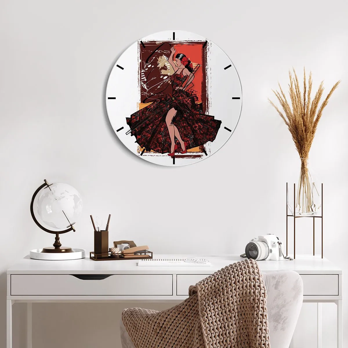 Wall clock - Clock on glass - A dancer in a red dress with an artistic background - 30x30cm - In the Rhythm of the Heart - Modern wall decoration for the living room, kitchen, and bedroom ARTTOR