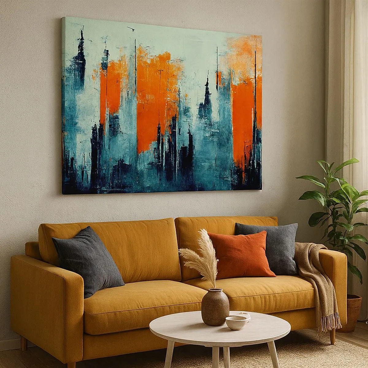 Canvas picture - Abstract cityscape in shades of orange and blue - 70x50cm - Modern Landscape - Modern wall decoration for the living room and bedroom ARTTOR