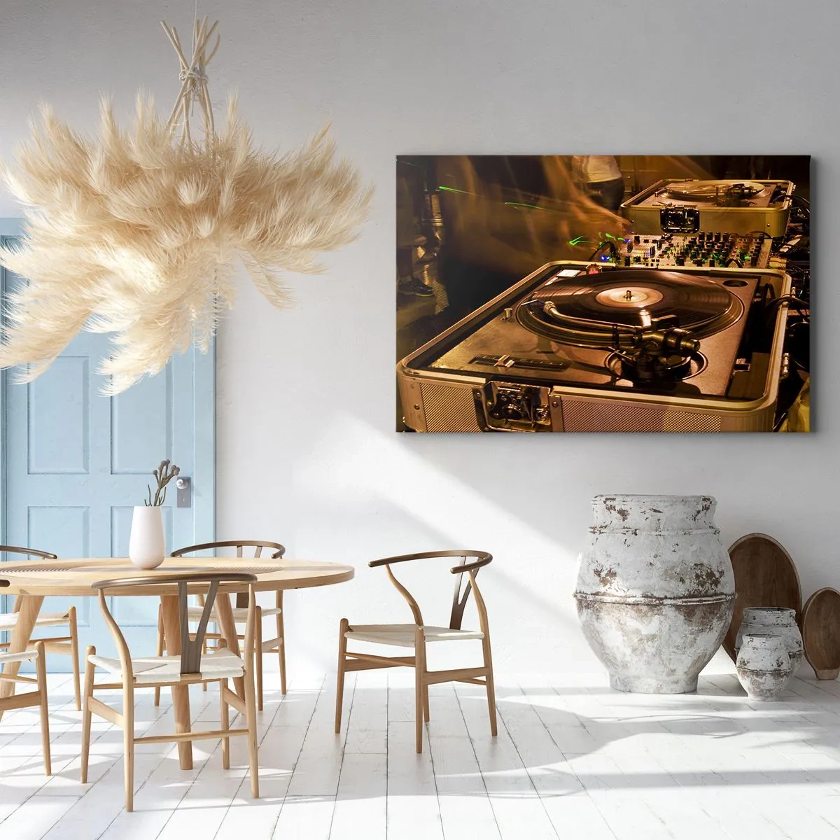 Canvas picture - DJ equipment with a turntable and mixer during a party - 70x50cm - Can You Feel that Power? - Modern wall decoration for the living room and bedroom ARTTOR