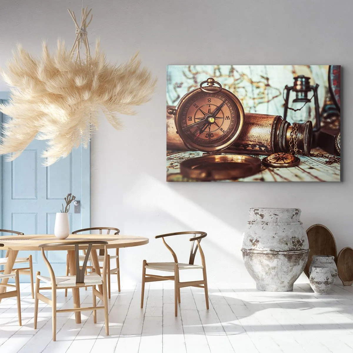Canvas picture - A retro set with a compass, telescope and map in a travel theme - 70x50cm - Pirate Adventure in the Caribbean - Modern wall decoration for the living room and bedroom ARTTOR