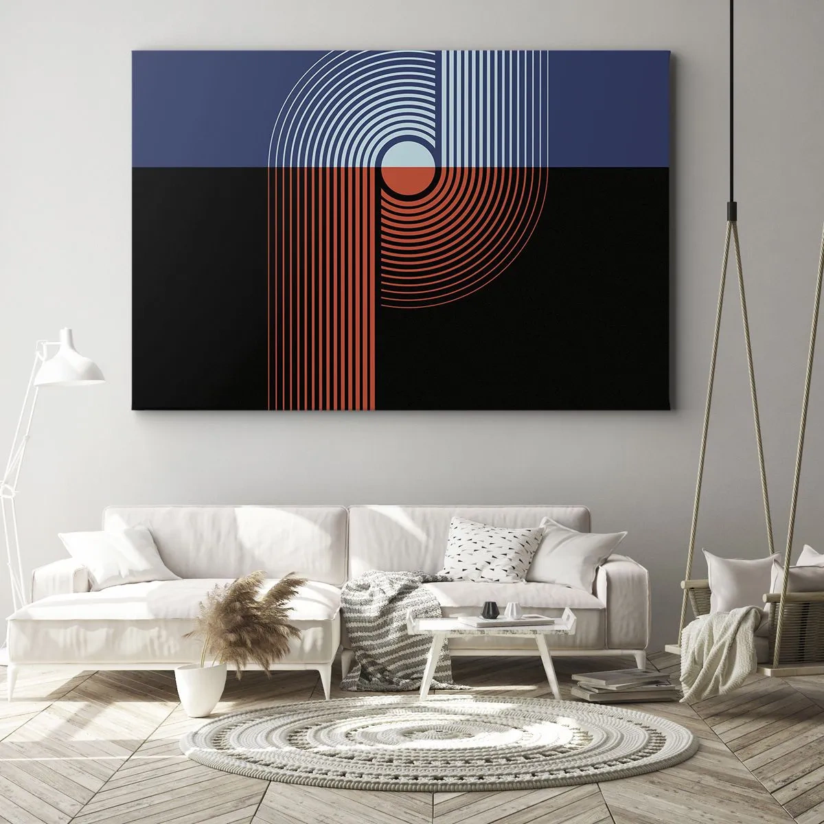 Canvas picture - Geometric abstraction with lines in navy blue and orange. - 70x50cm - In a Geometrical Embrace - Modern wall decoration for the living room and bedroom ARTTOR