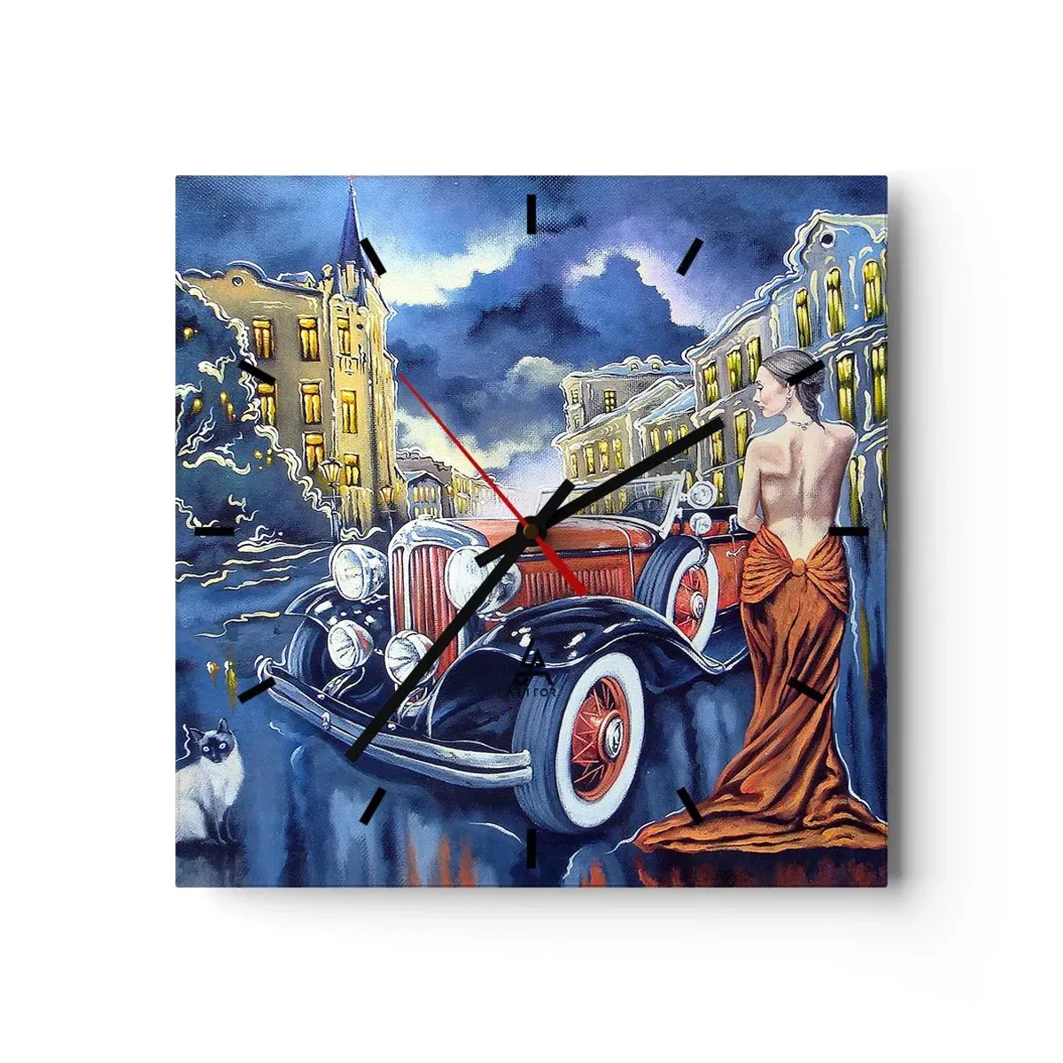 Wall clock - Clock on glass - Nocturne in Blue and Coral - 30x30 cm
