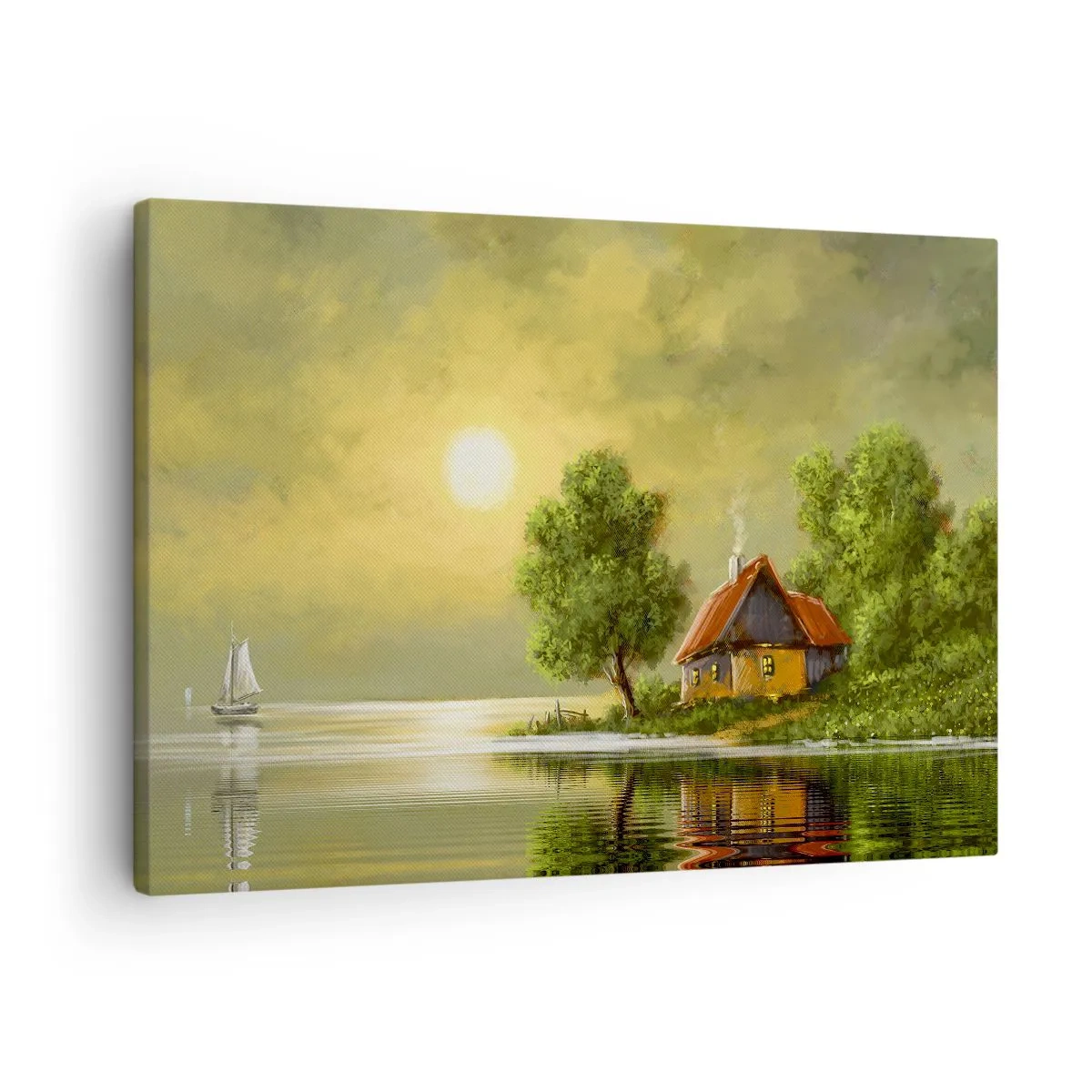 Canvas picture - Lake house in the sunset light - 70x50cm - Pretty As a Picture - Modern wall decoration for the living room and bedroom ARTTOR