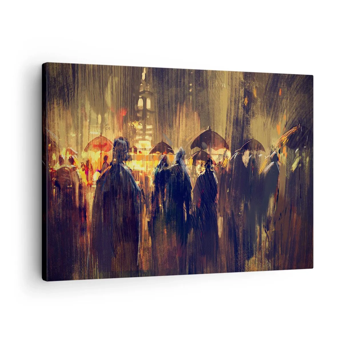 Canvas picture - Figures with umbrellas in a rainy city at night - 70x50cm - Followers of the Rain - Modern wall decoration for the living room and bedroom ARTTOR