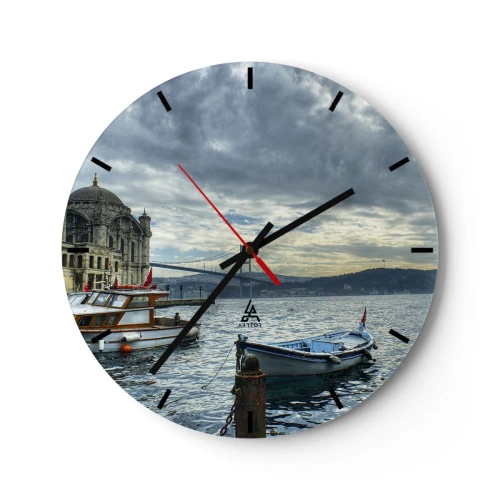 Wall clock - Clock on glass - Historic architecture and boats against the backdrop of a bridge and clouds - 30x30cm - Between Worlds - Modern wall decoration for the living room, kitchen, and bedroom ARTTOR