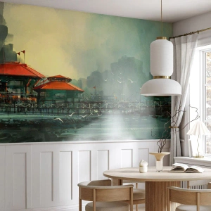 Photo Wallpaper Standard Eco - Gloomy Day at the Port - Port town, Architecture, Sea - 300x210 cm