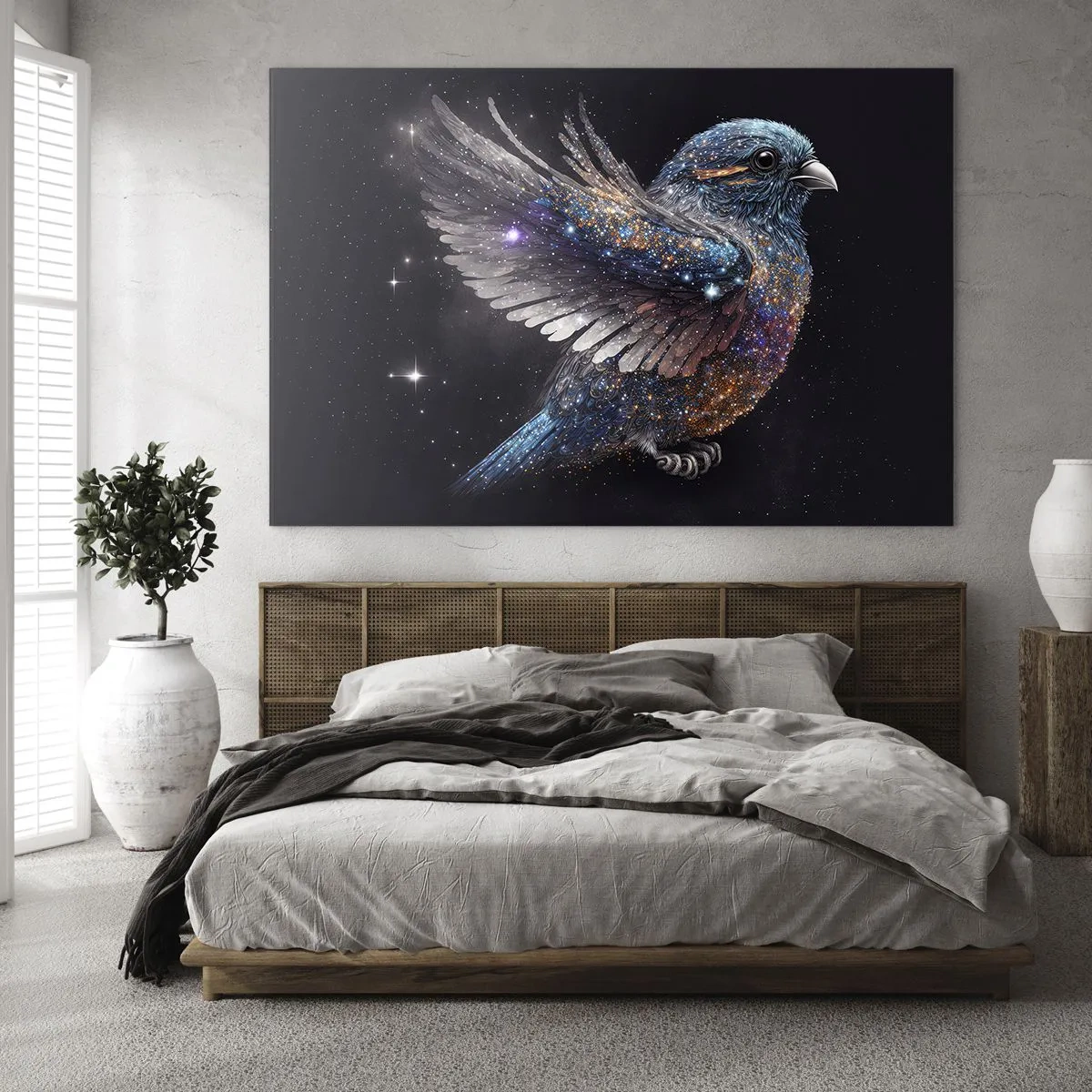 Glass picture - Space Sparrow with Diamond Glitter - 70x50cm - Diamond Sparrow - Modern wall decoration for the living room and bedroom ARTTOR