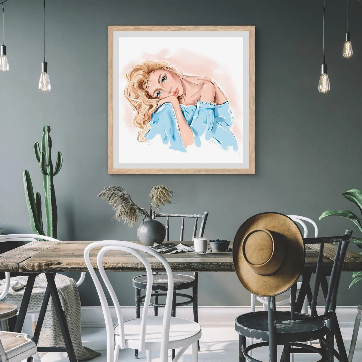 Poster in light oak frame - Dreamy in Blue - 60x60 cm