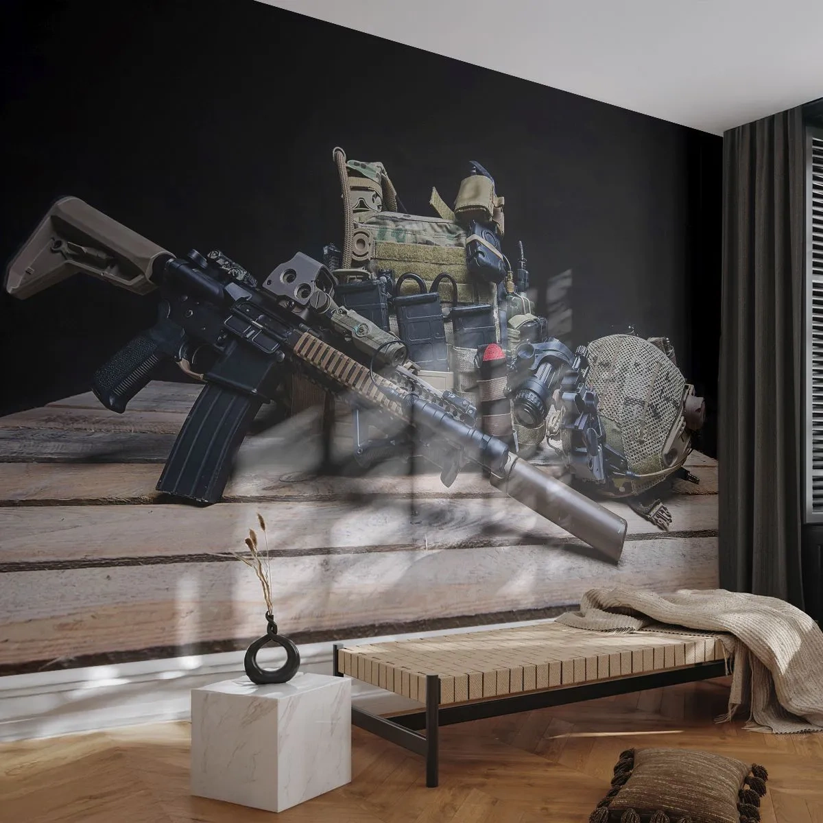 Photo Wallpaper Premium Canvas - At Ease - Military, Rifle, Weapon - 250x175 cm