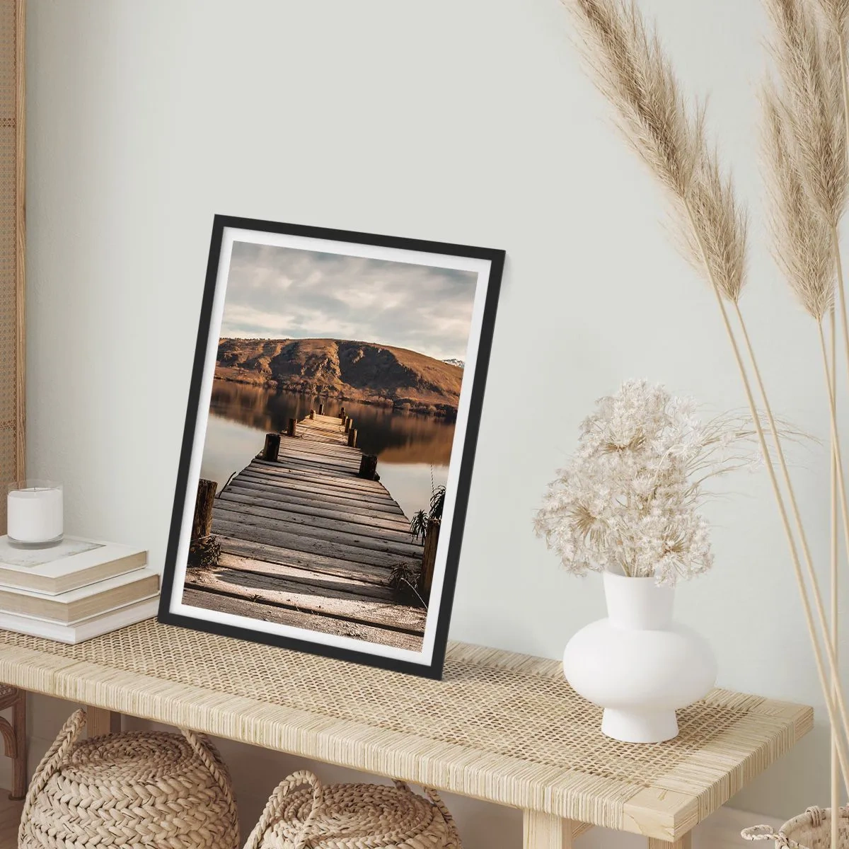Poster in black frame - A wooden jetty leads to a tranquil lake with a mountain backdrop - 50x70cm - Landscape in Silence - Modern wall decoration for the living room and bedroom ARTTOR