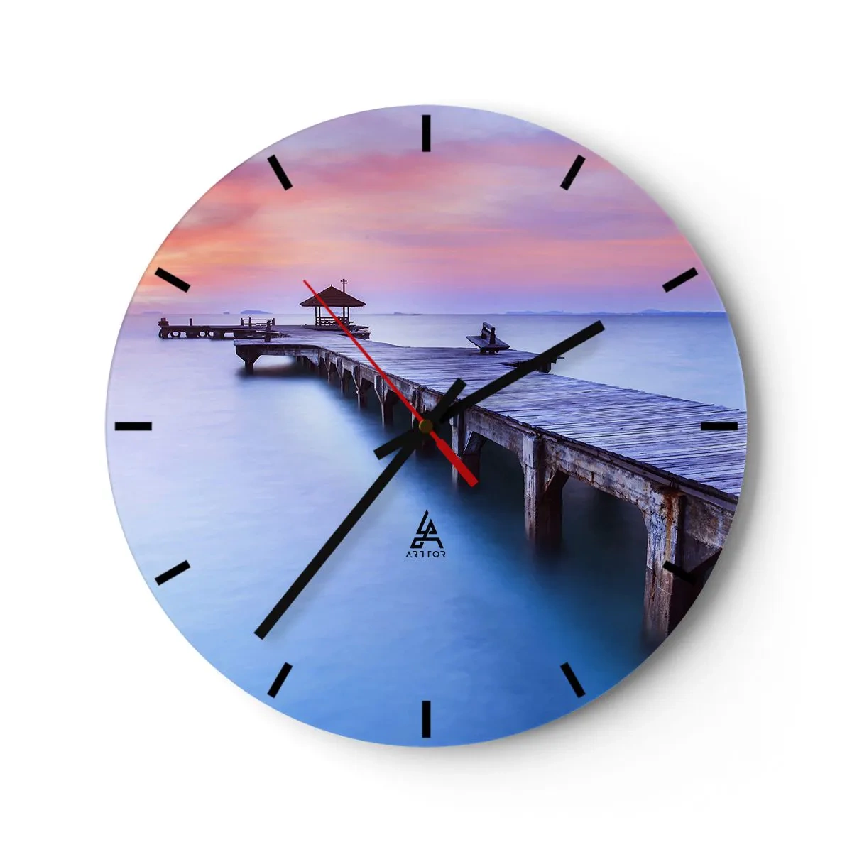 Wall clock - Clock on glass - A wooden jetty at sunset over a calm sea - 30x30cm - Sea of Calm to the Horizon - Modern wall decoration for the living room, kitchen, and bedroom ARTTOR