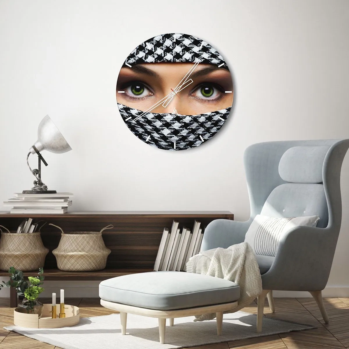 Wall clock - Clock on glass - Green eyes hidden behind a black and white fabric pattern - 30x30cm - Portrait of Head-scarfed Beauty - Modern wall decoration for the living room, kitchen, and bedroom ARTTOR