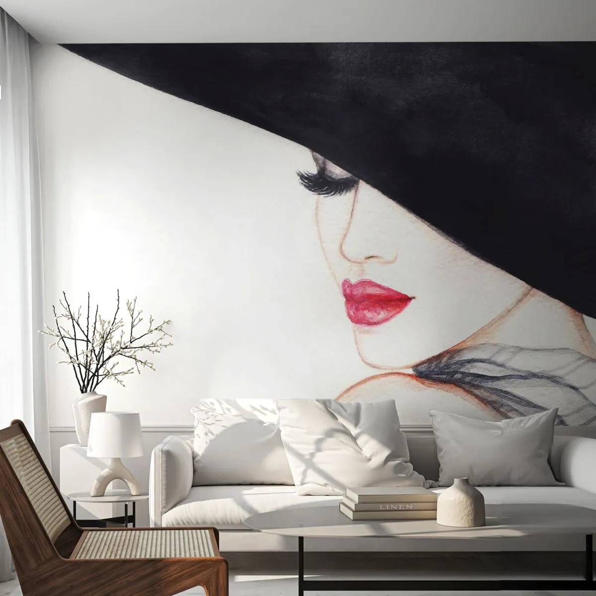 Custom Wallpaper Standard Eco - Elegance and Sensuality - Woman, Red lips, Black hat