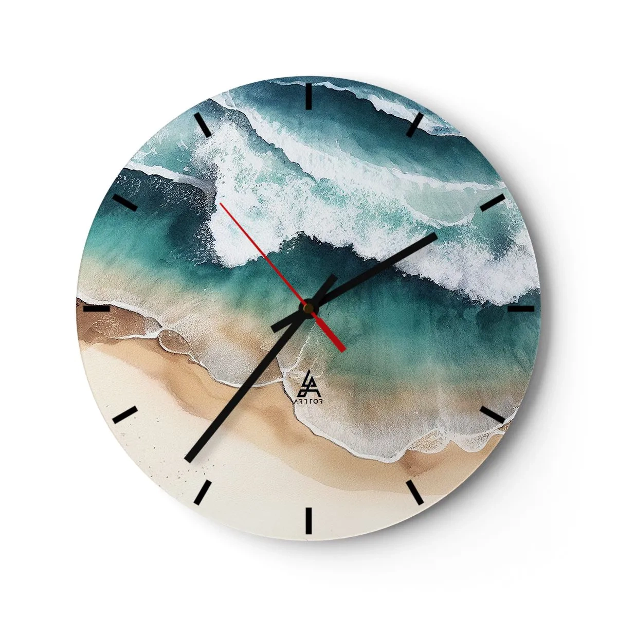 Wall clock - Clock on glass - Sea waves crashing on a sandy beach from a bird's eye view - 30x30cm - Eternal Encounter - Modern wall decoration for the living room, kitchen, and bedroom ARTTOR