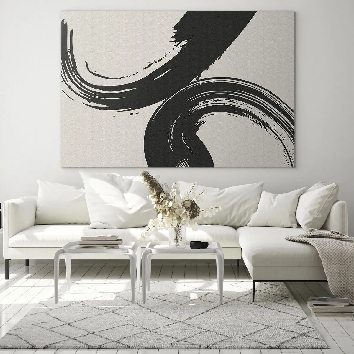 Glass picture - Black, dynamic calligraphic brush strokes on a light background. - 70x50cm - With Big Circural Strokes - Modern wall decoration for the living room and bedroom ARTTOR