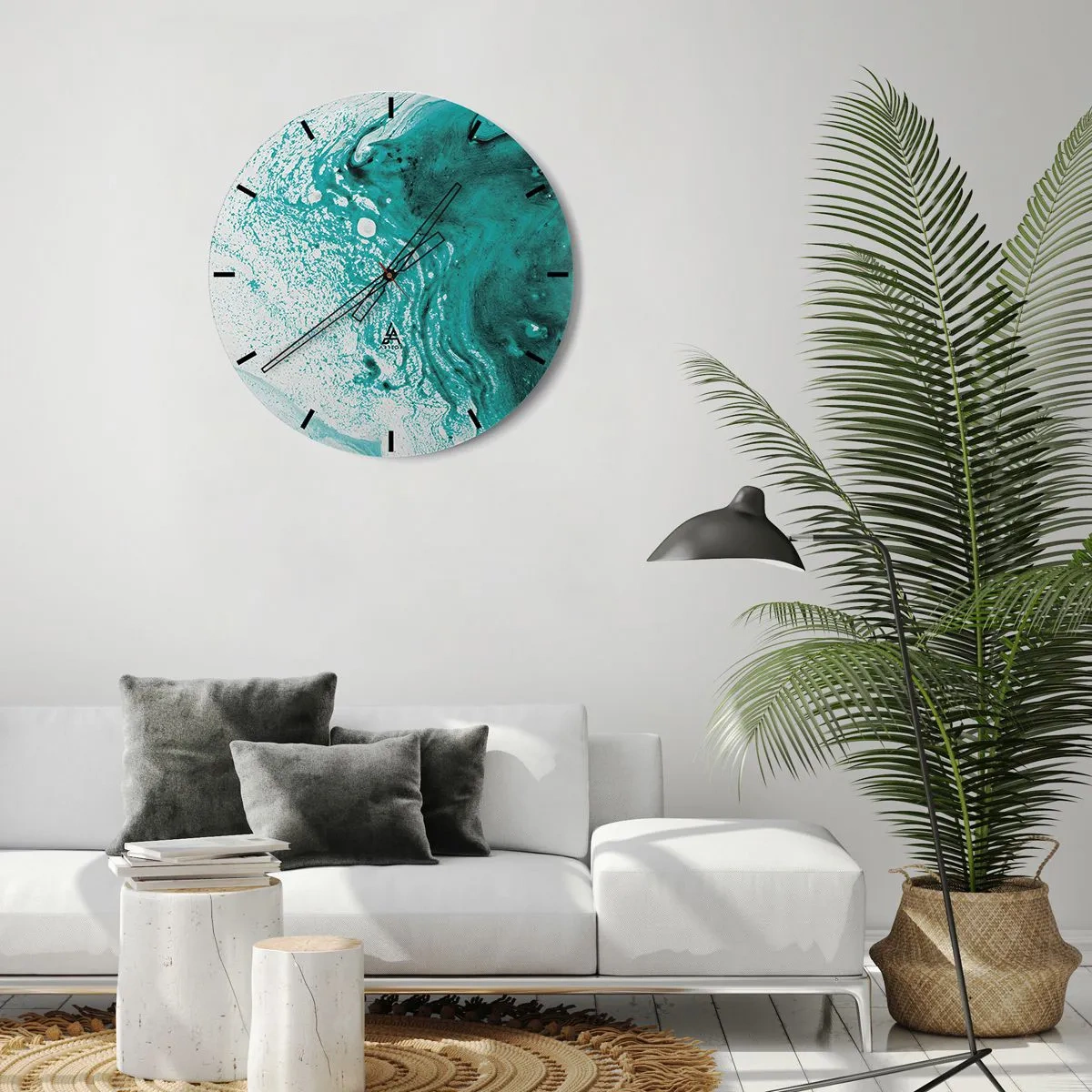Wall clock - Clock on glass - Dissolving in White and Turquoise - 40x40 cm