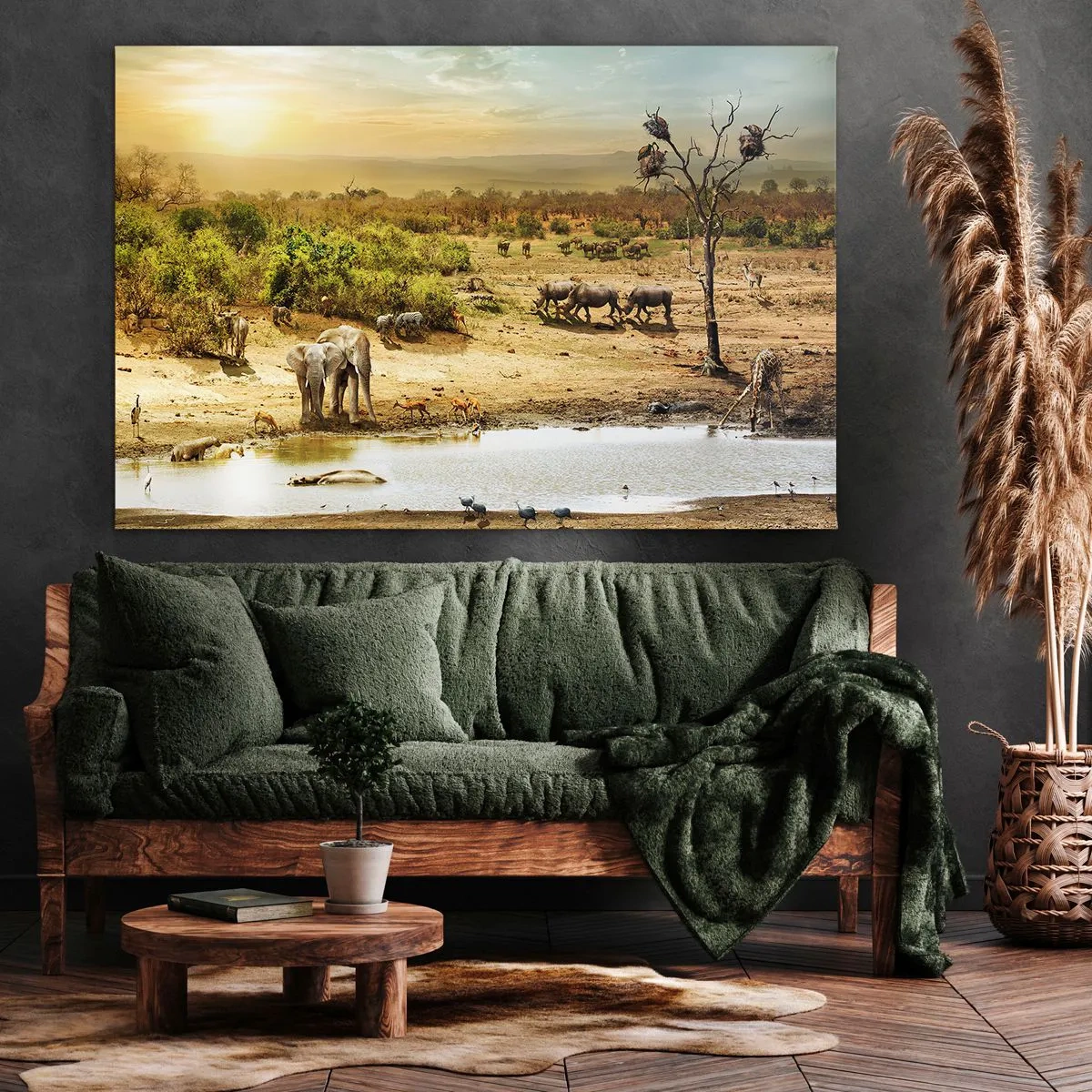 Canvas picture - Elephants and wild animals at a watering hole at sunset - 70x50cm - There Is a River that Flows from Eden - Modern wall decoration for the living room and bedroom ARTTOR