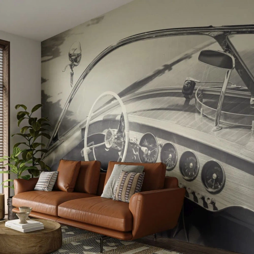 Photo Wallpaper Premium Canvas - Weather for the Rich - Vintage boat, Motorboat, Black and white - 500x350 cm