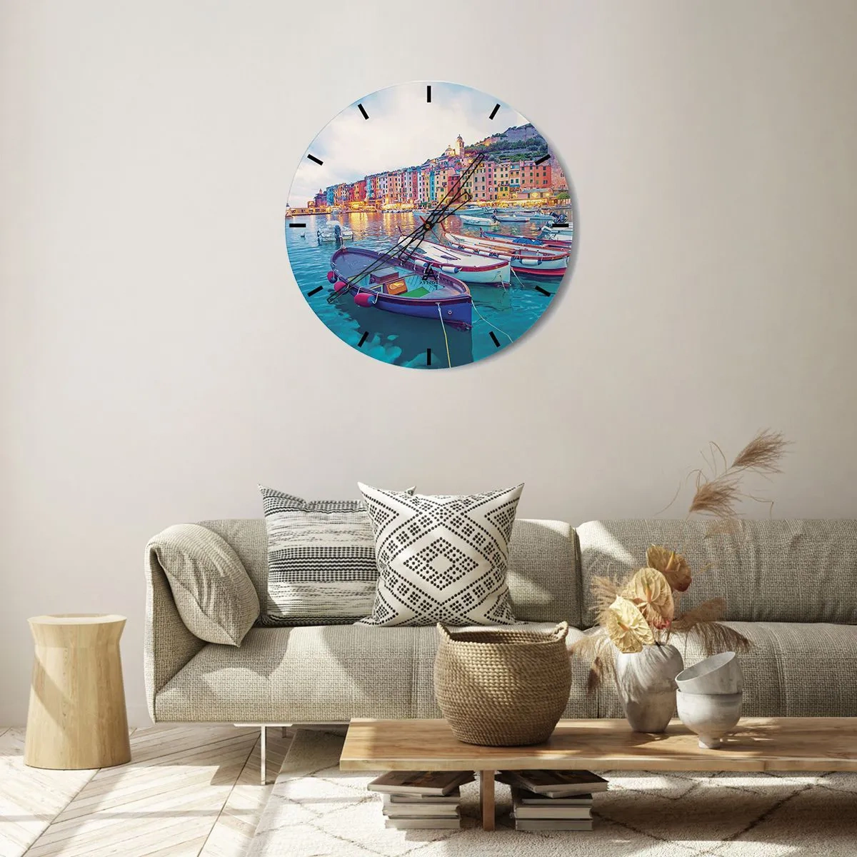 Wall clock - Clock on glass - Colourful Evening in a Port - 30x30 cm