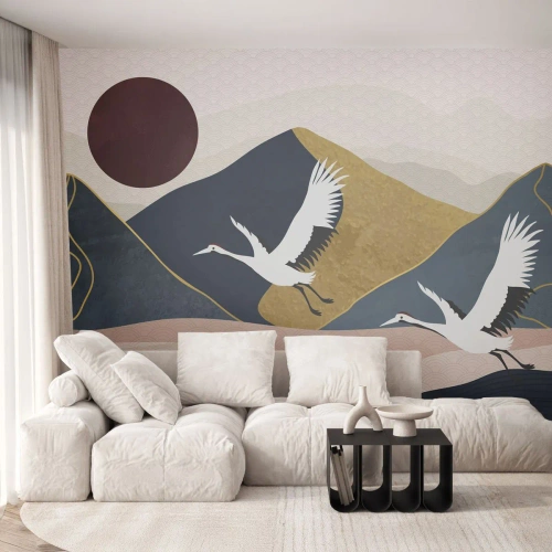 Self-Adhesive Photo Wallpaper Deluxe Sticker - Another Day Has Flown By - Abstraction, Cranes, Mountains - 100x70 cm