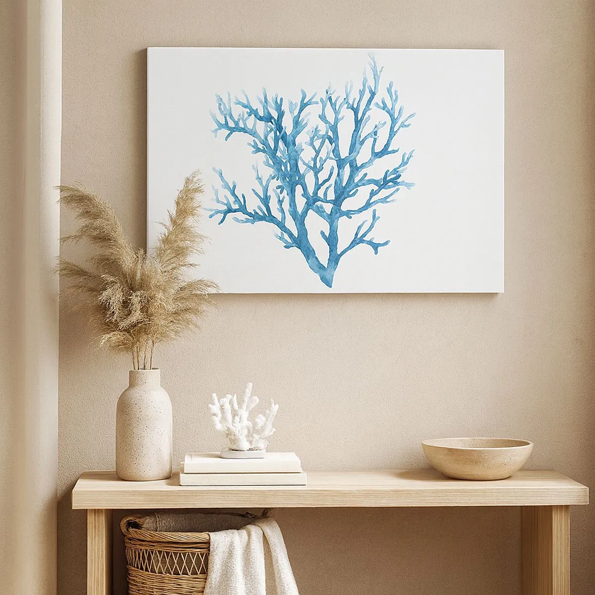 Canvas picture - Blue coral on a white background with a minimalist feel - 70x50cm - Sea Filigree - Modern wall decoration for the living room and bedroom ARTTOR