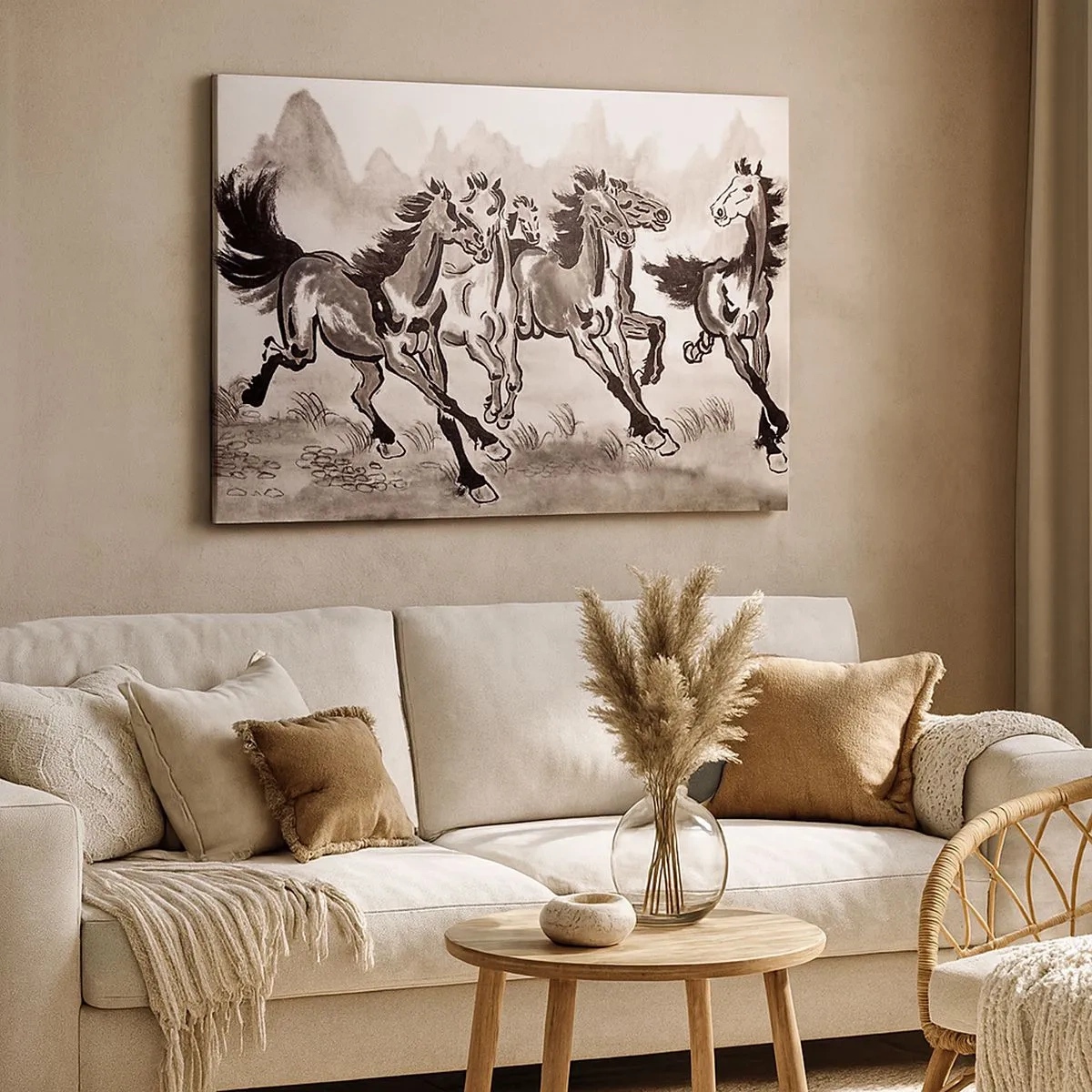 Canvas picture - Dynamic graphics of galloping horses in an oriental style - 70x50cm - In Happy Galloping - Modern wall decoration for the living room and bedroom ARTTOR