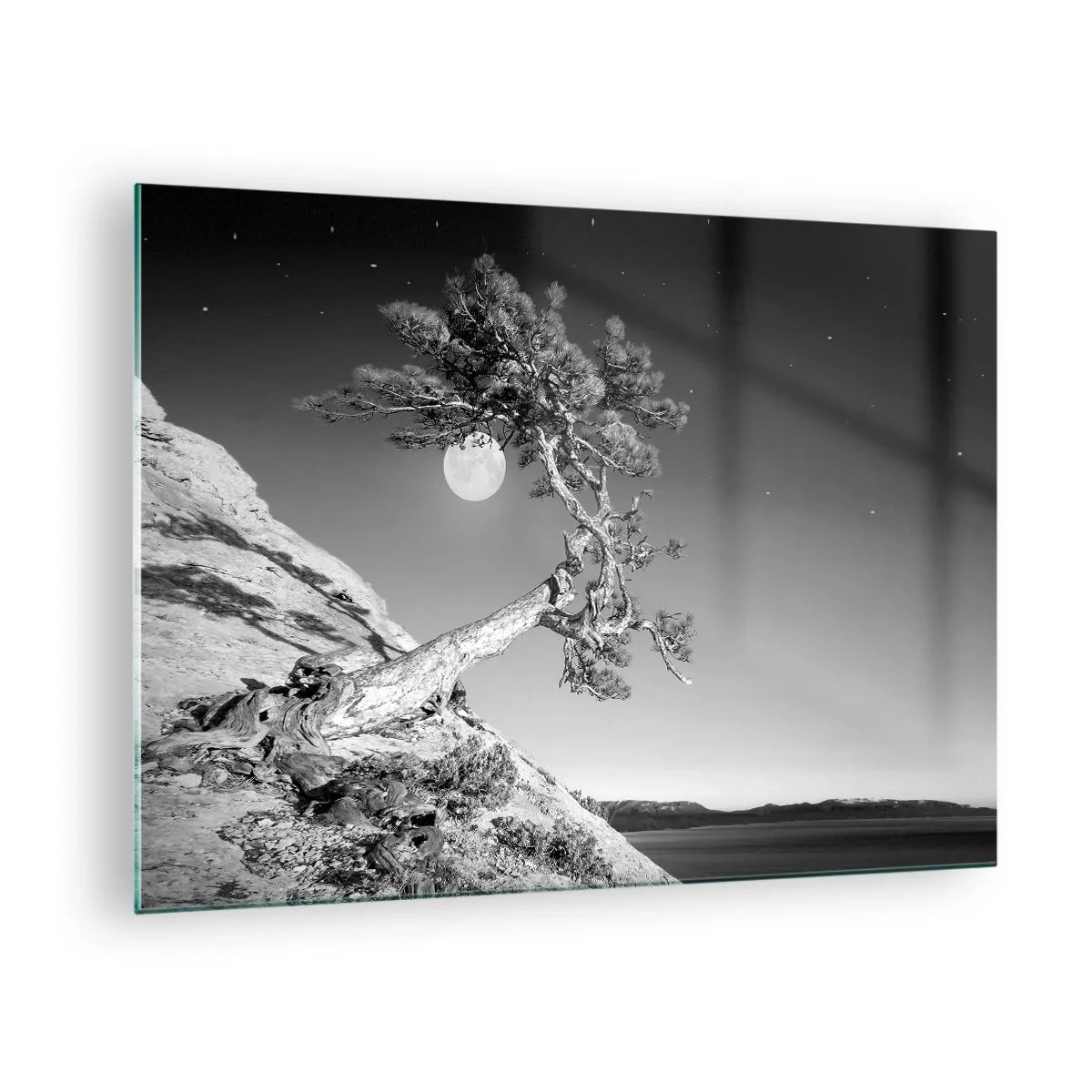 Glass picture - A leaning tree on a hillside with the moon in the background - 70x50cm - Winning Warrior - Modern wall decoration for the living room and bedroom ARTTOR