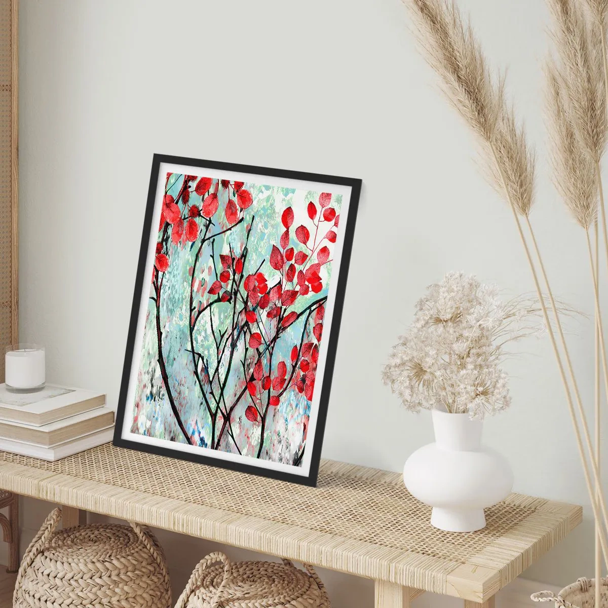 Poster in black frame - Red leaves on an abstract texture background - 50x70cm - Tree in Scarlet - Modern wall decoration for the living room and bedroom ARTTOR