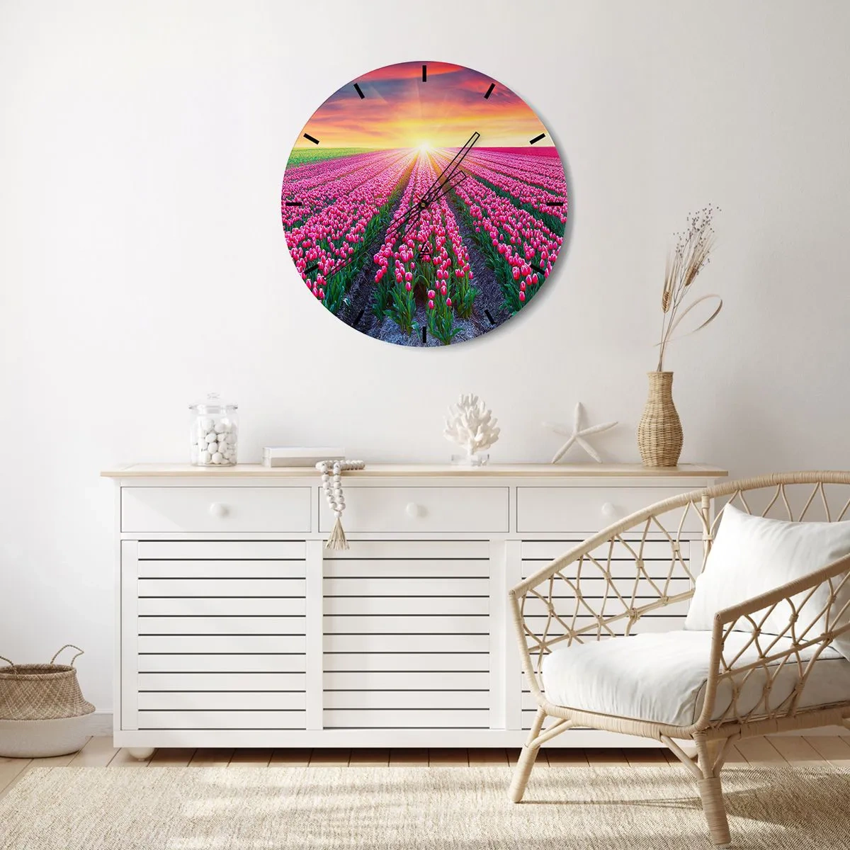 Wall clock - Clock on glass - A field of red tulips at sunset - 30x30cm - Beauty Farm - Modern wall decoration for the living room, kitchen, and bedroom ARTTOR