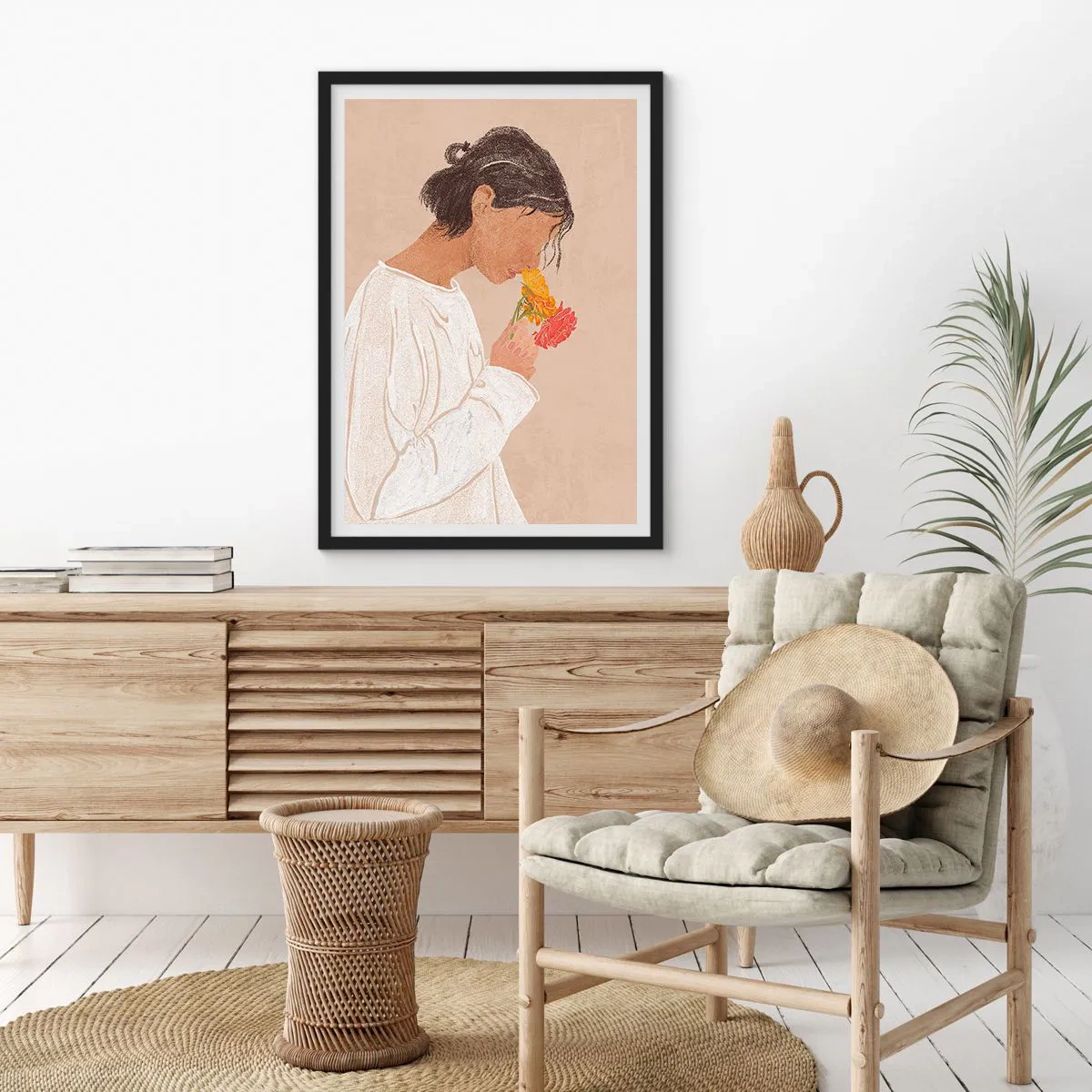 Poster in black frame - A woman in white reflecting on flowers - 50x70cm - Girl and Flowers - Modern wall decoration for the living room and bedroom ARTTOR
