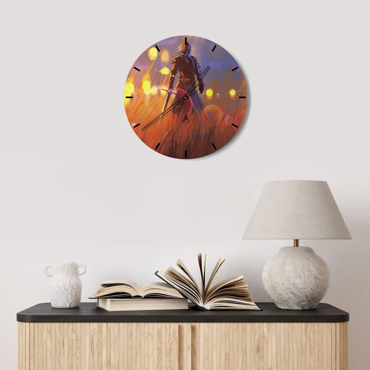 Wall clock - Clock on glass - The figure of a knight against the background of a luminous sunset - 30x30cm - Knight-errant - Modern wall decoration for the living room, kitchen, and bedroom ARTTOR