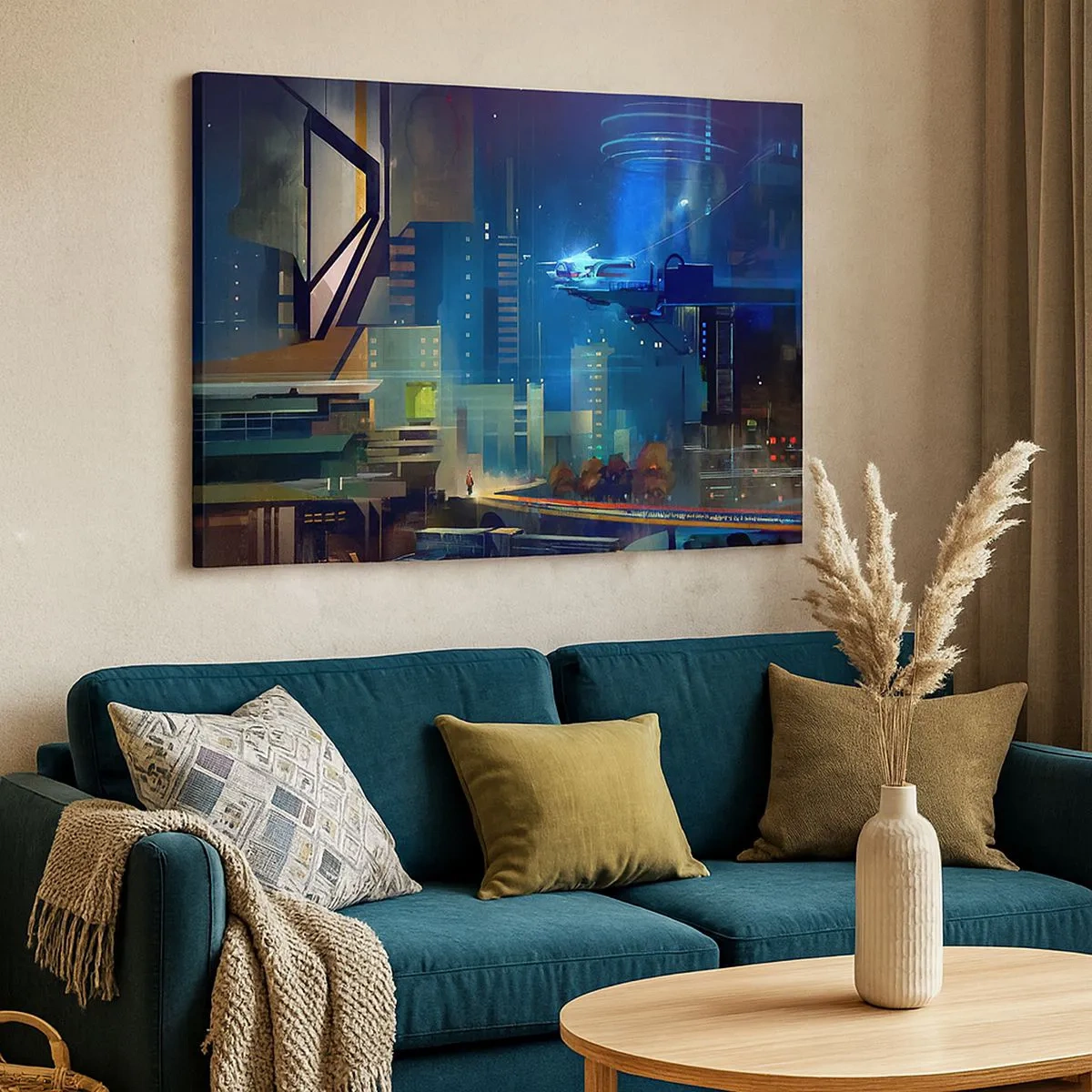 Canvas picture - Futuristic city at night with neon lights and a flying vehicle - 70x50cm - In Near Future - Modern wall decoration for the living room and bedroom ARTTOR