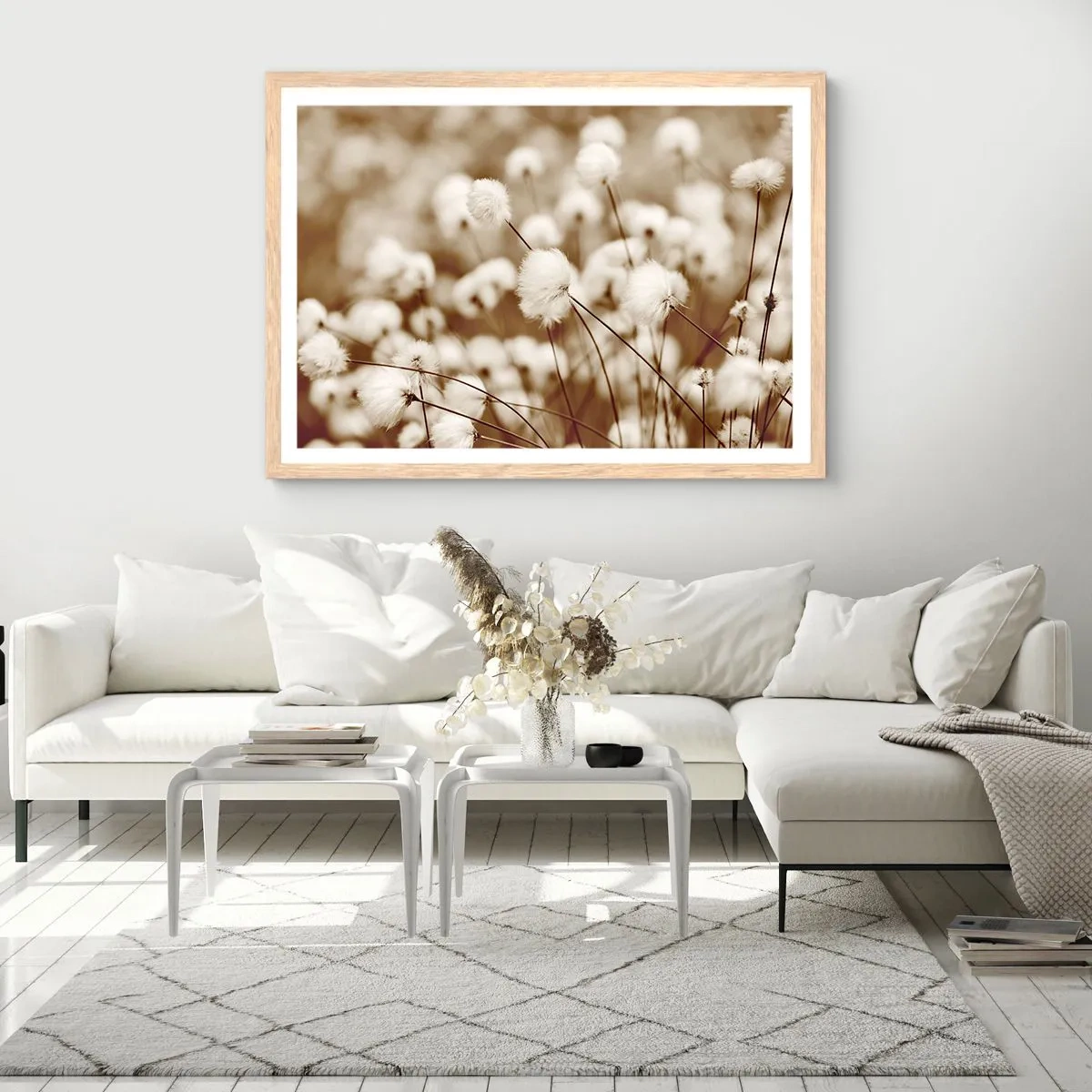 Poster in light oak frame - Fluffy field - 70x50 cm