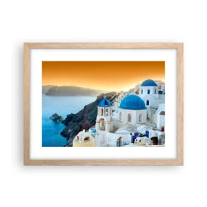 Poster in light oak frame - Santorini - Snuggling up to the Rocks - 40x30 cm