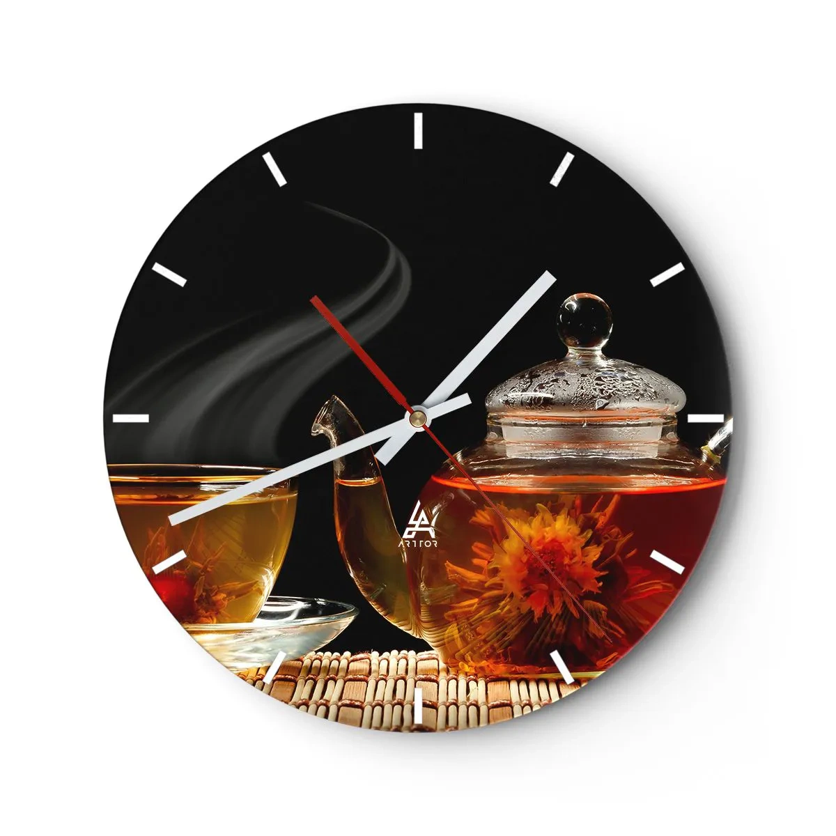 Wall clock - Clock on glass - glass teapot and a cup with steam in the background - 30x30cm - Magic and Art of Tea Making - Modern wall decoration for the living room, kitchen, and bedroom ARTTOR