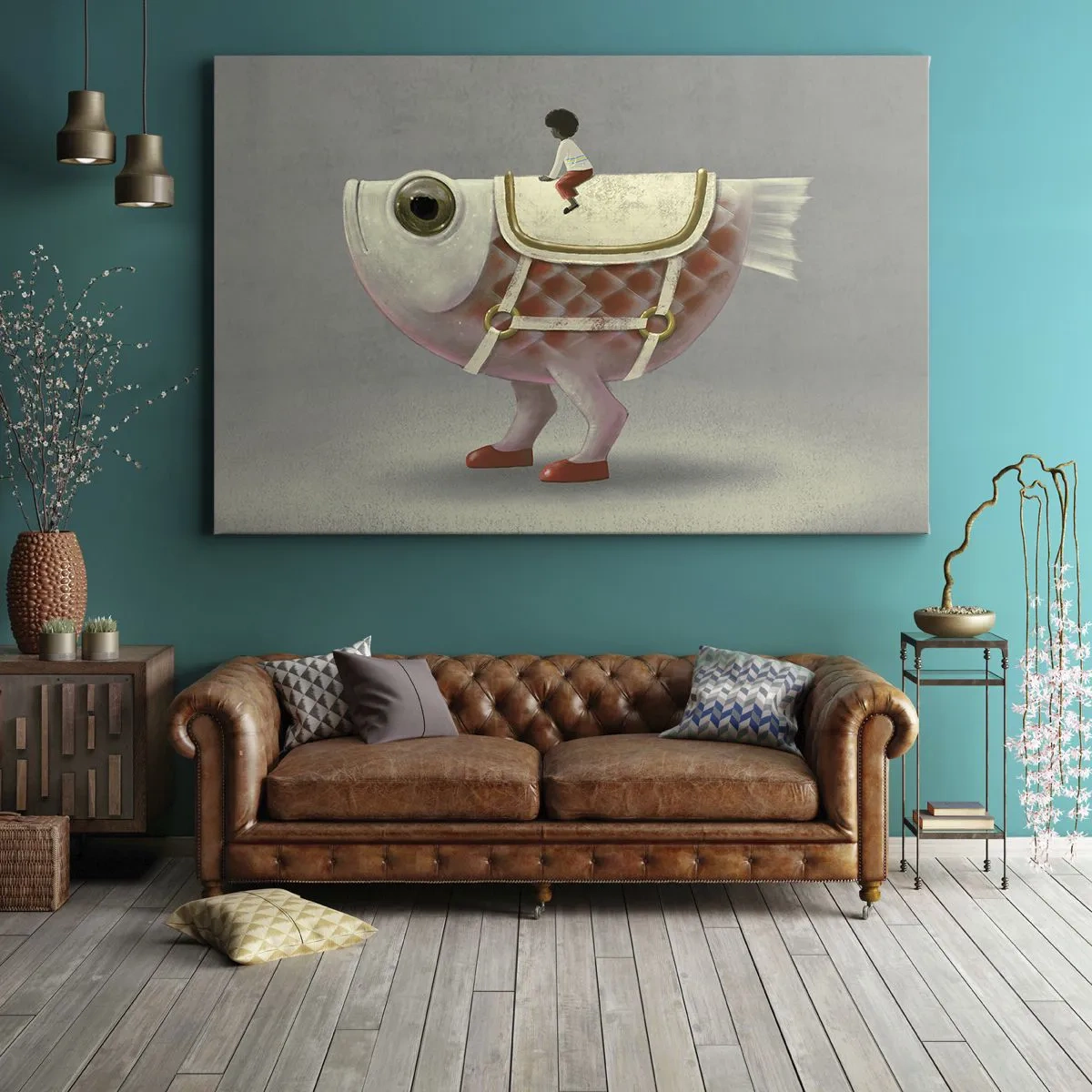 Canvas picture - A fancy fish rider with legs and a saddle - 70x50cm - Fish Jockey - Modern wall decoration for the living room and bedroom ARTTOR