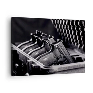 Canvas picture - A black and white image of a stack of guns in a suitcase. - 70x50cm - Male Sport - Modern wall decoration for the living room and bedroom ARTTOR