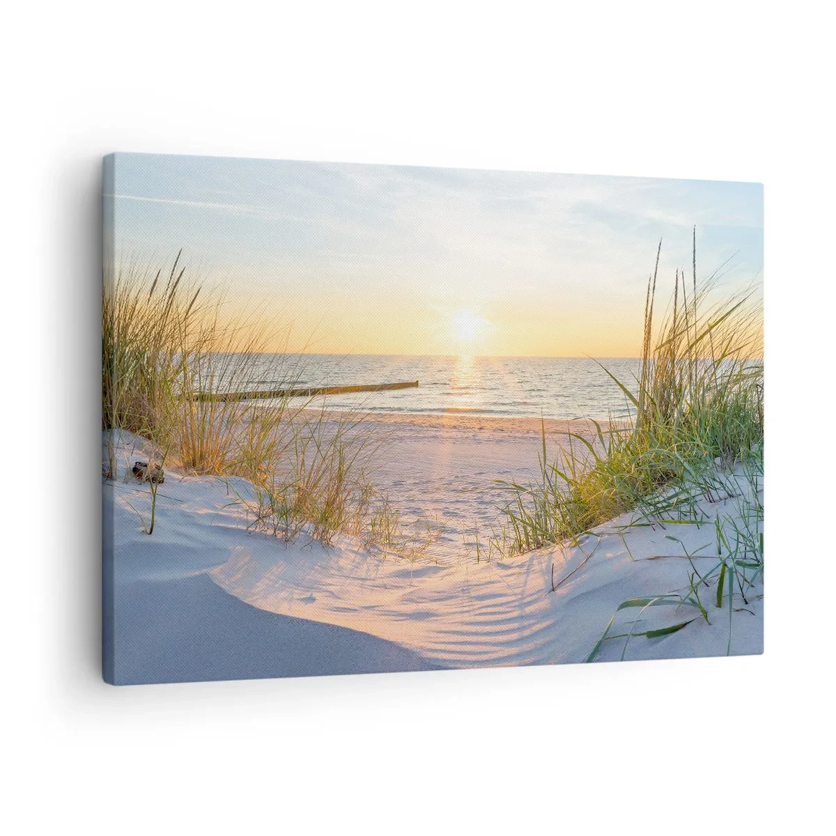 Canvas picture - A sandy beach with a view of the sun setting over the sea - 70x50cm - Sound of the Sea, Singing of the Birds, Wild Beach among Grass - Modern wall decoration for the living room and bedroom ARTTOR