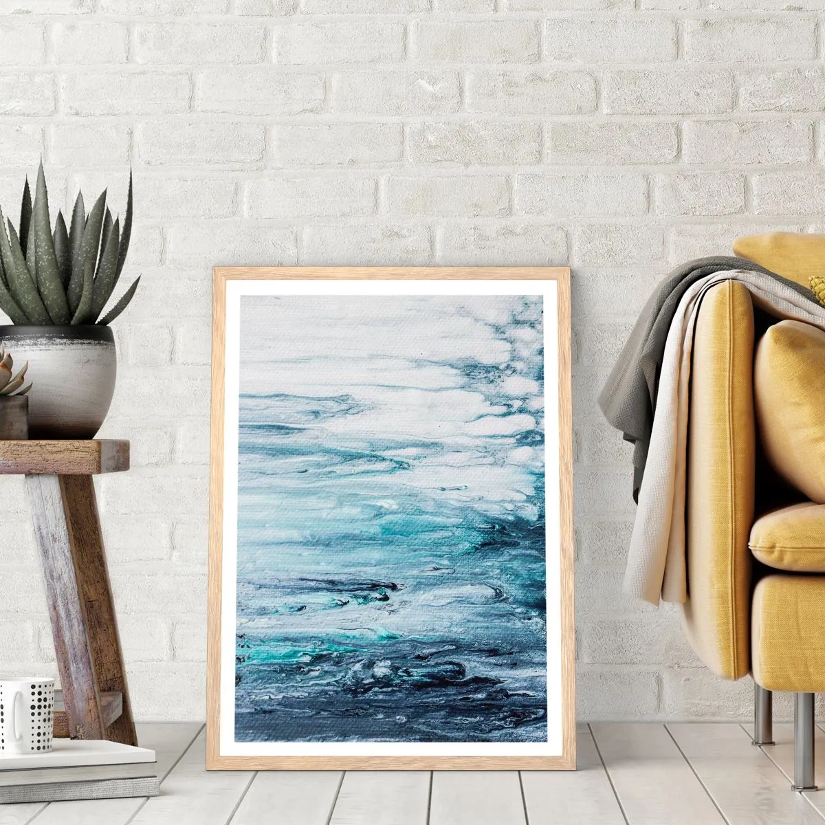 Poster in light oak frame - Blue Icicles - 70x100 cm