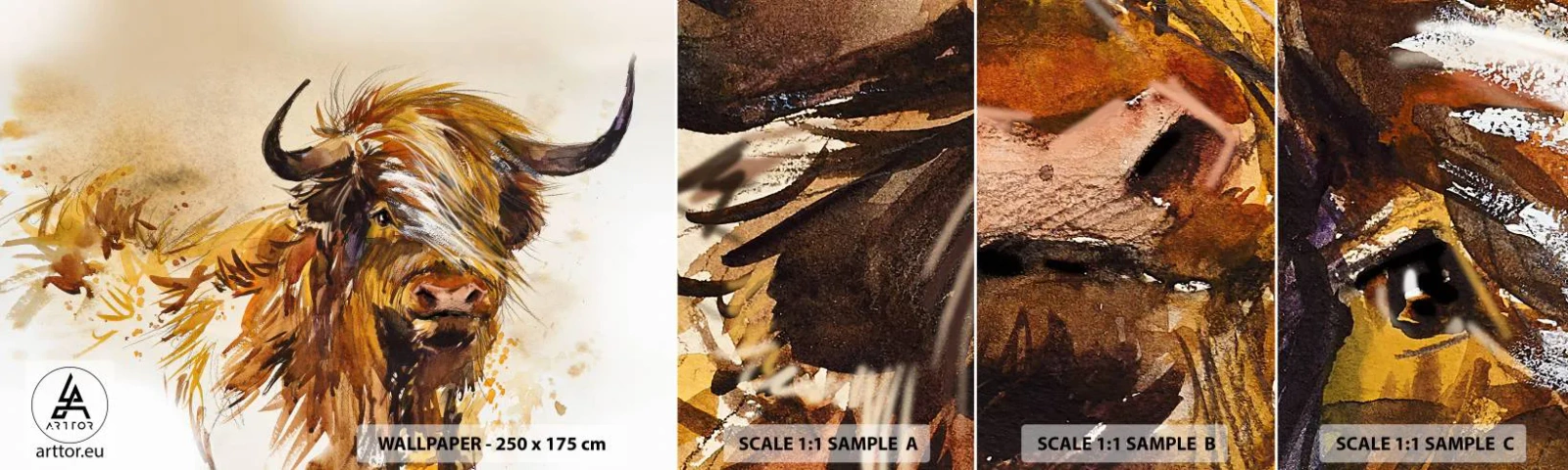 Photo Wallpaper Sample Standard Eco - Pride of a Hunter - Animals, Abstraction, Scottish Buffalo - 100x30 cm