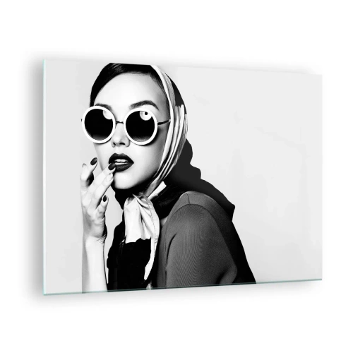 Glass picture - Stylish woman in glasses and a black and white scarf - 70x50cm - Greetings from the 60-ies - Modern wall decoration for the living room and bedroom ARTTOR