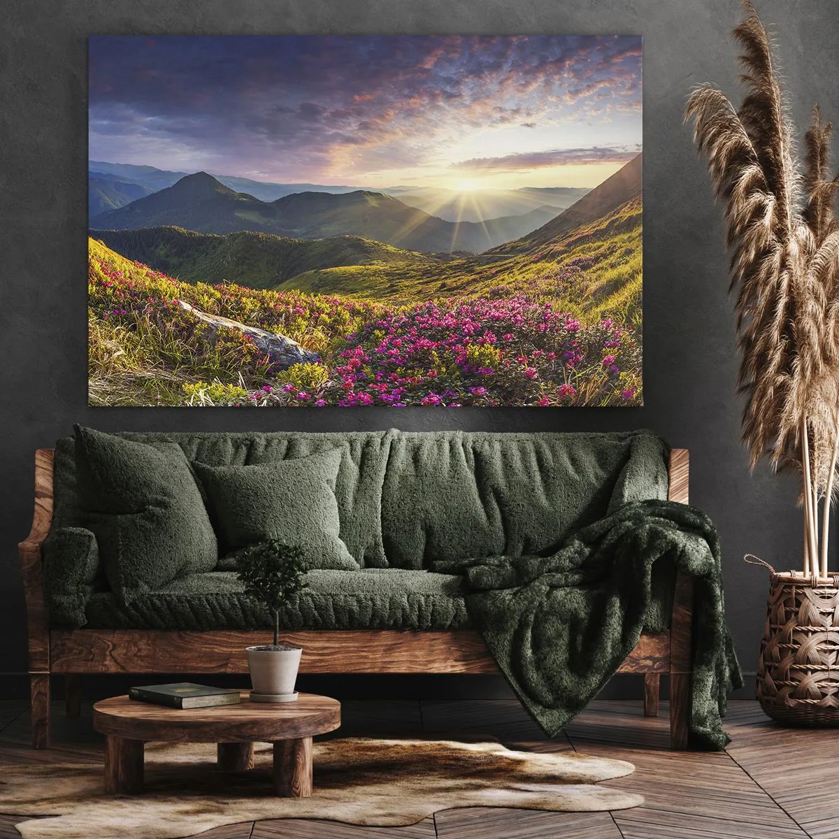 Canvas picture - Mountain landscape with blooming rhododendrons - 70x50cm - Freshness of Mountain Morning - Modern wall decoration for the living room and bedroom ARTTOR