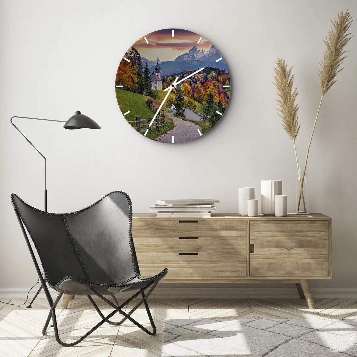 Wall clock - Clock on glass - Autumn mountain landscape with a church and an alley - 30x30cm - Landscape Like a Picture - Modern wall decoration for the living room, kitchen, and bedroom ARTTOR