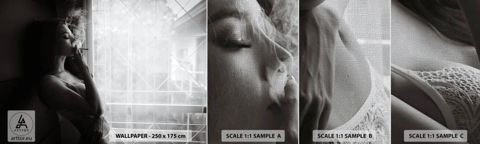 Photo Wallpaper Sample Premium Canvas - Sensual Moment - Woman, Cigarette, Bedroom - 100x30 cm