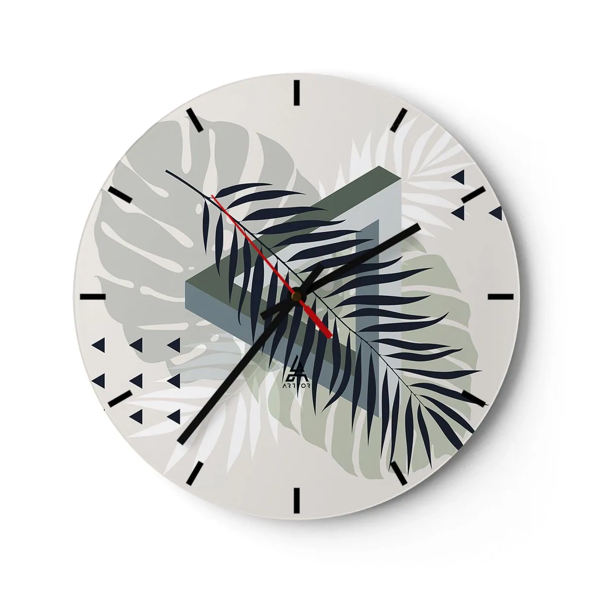 Wall clock - Clock on glass - Geometric composition with tropical leaves - 30x30cm - Nature and Geometry - Two Orders? - Modern wall decoration for the living room, kitchen, and bedroom ARTTOR