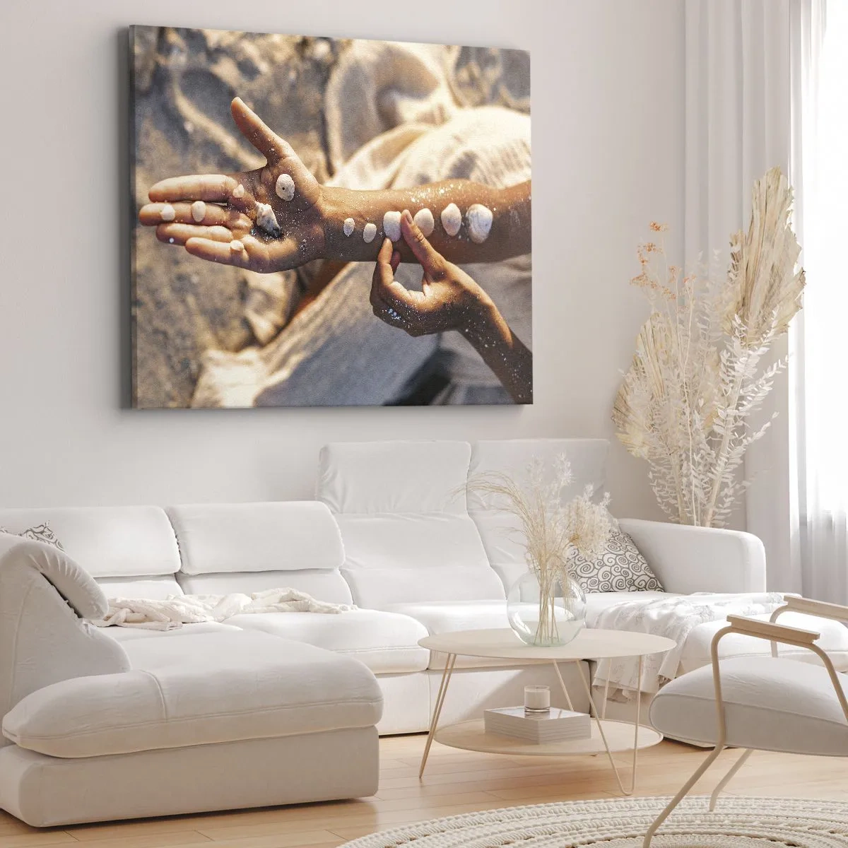Canvas picture - Hands with seashells arranged on the sand background - 70x50cm - Beauty at Hand - Modern wall decoration for the living room and bedroom ARTTOR