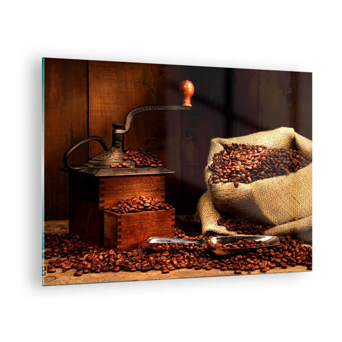 Glass picture - Still Life with Coffee Grains and a Grinder - 70x50 cm
